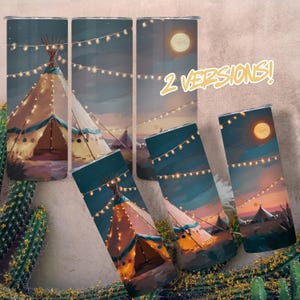May include: Two versions of a tumbler design featuring a teepee with string lights under a starry night sky. The teepee is brown and white with a tan base. The background is a dark blue with white stars and string lights.