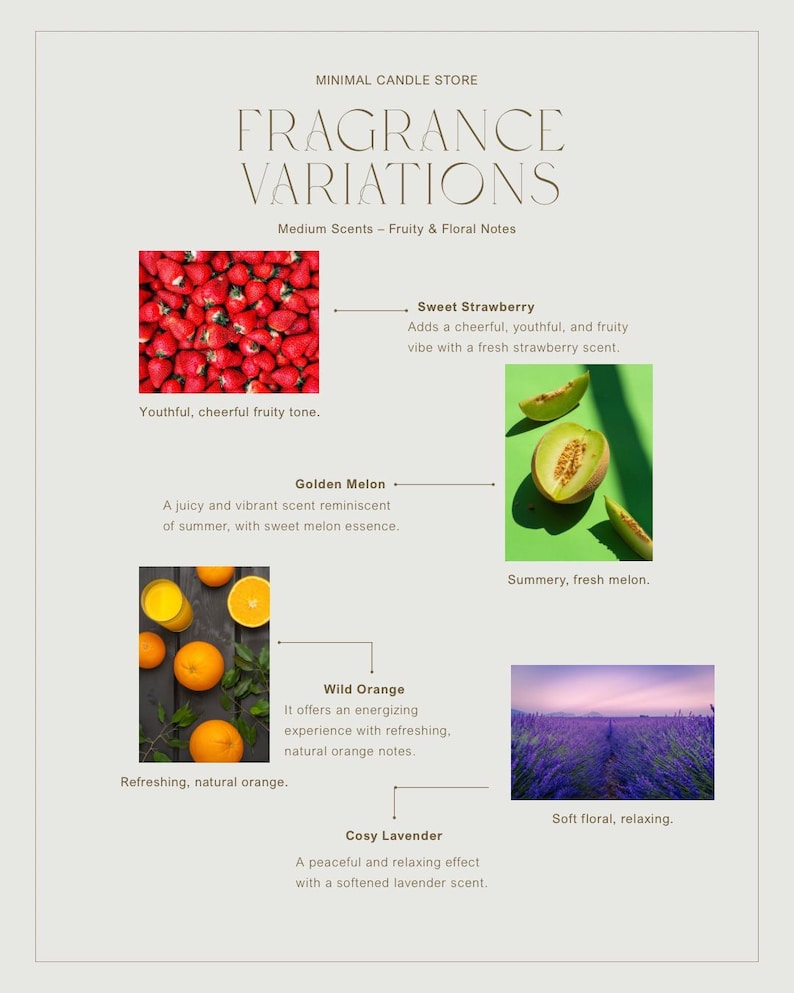 Peut inclure: Publicit&eacute; de Minimal Candle Store pr&eacute;sentant des variations de parfum. L'image pr&eacute;sente quatre profils de parfum : Fraise Sucr&eacute;e, Melon Dor&eacute;, Orange Sauvage et Lavande Cosy, avec des images de fraises, de melon, d'oranges et de champs de lavande.