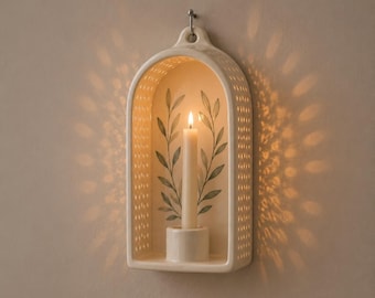 Applique Murale Céramique Perforée, Lanterne Bougie Faite Main, Porte-Bougie Conique, Décor Botanique, Cadeau Maison