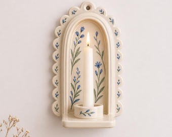 Bougeoir Mural, Applique Céramique Faite Main, Bougeoir Floral pour Bougie Taper, Décor Mural Cottagecore, Cadeau Crémaillère