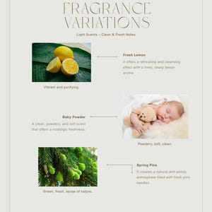 Peut inclure: Pr&eacute;sentation de produits de Minimal Candle Store pr&eacute;sentant des variations de parfum. L'image comprend du texte et des photos de citron frais, de poudre pour b&eacute;b&eacute; et de senteurs de pin de printemps.