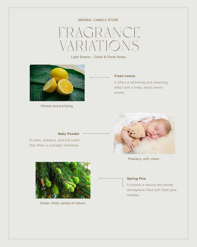 Peut inclure: Pr&eacute;sentation de produits de Minimal Candle Store pr&eacute;sentant des variations de parfum. L'image comprend du texte et des photos de citron frais, de poudre pour b&eacute;b&eacute; et de senteurs de pin de printemps.