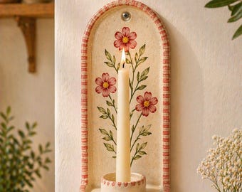 Wall Candle Holder Ceramic, Hand Painted Floral Sconce, Kitchen Decor, Cottagecore Wall Art, Handmade Gift for Her, Home Decor Accent