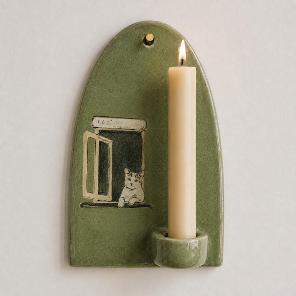 Ceramic Cat Wall Candle Holder, Handmade Green Taper Sconce, Whimsical Decor, Cat Lover Gift