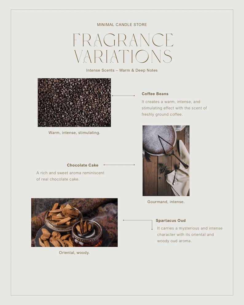 Peut inclure: Image de Minimal Candle Store pr&eacute;sentant "Fragrance Variations". L'image montre des grains de caf&eacute;, un g&acirc;teau au chocolat et Spartacus Oud, avec des descriptions de leurs parfums. Le texte met en &eacute;vidence "Intense Scents - Warm & Deep Notes."