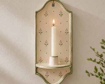 Wall Candle Holder, Floral Ceramic Wall Sconce, Cottagecore Wall Decor, Handmade Taper Candle Holder, Farmhouse Decor