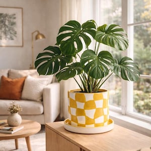 Maceta de cerámica con diseño de tablero de ajedrez y drenaje, hecha a mano, para interior, regalo de inauguración de la casa.