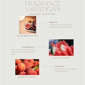 Peut inclure: Publicit&eacute; de Minimal Candle Store pr&eacute;sentant "Fragrance Variations". L'image met en avant trois parfums : Figue d'&Eacute;g&eacute;e, Past&egrave;que juteuse et Nectar de p&ecirc;che. Chaque parfum est d&eacute;crit avec une image du fruit dont il s'inspire.