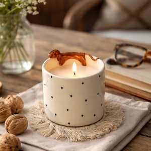 Puede incluir: Una vela encendida en un recipiente de cerámica blanco con lunares negros, decorada con una figura de perro salchicha marrón. La vela está sobre un posavasos beige. Nueces y un jarrón de flores en el fondo.