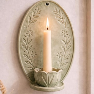 Ceramic Wall Candle Holder, Handmade Wall Sconce, Floral Taper Candle Holder, Sage Green Wall Decor, Farmhouse Wall Decor