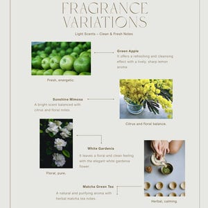 Peut inclure: Image promotionnelle pour Minimal Candle Store, pr&eacute;sentant des variations de parfums. L'image comprend du texte et des photos d'ingr&eacute;dients comme des pommes vertes, des fleurs de mimosa, des gard&eacute;nias blancs et du th&eacute; vert matcha, avec des descriptions.