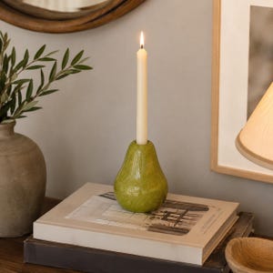 Pear Taper Candle Holder, Handmade Ceramic Candlestick Holder, Fruit Candle Holder, Green Pottery Decor, Housewarming Gift