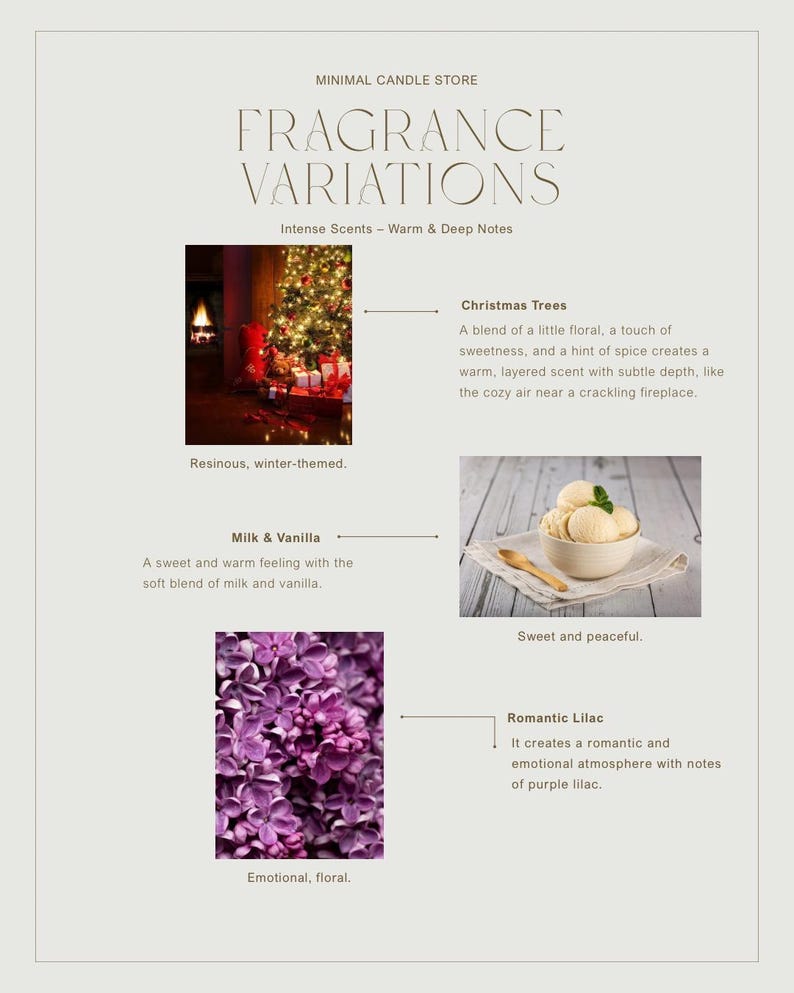 Peut inclure: Image de Minimal Candle Store pr&eacute;sentant "Fragrance Variations". L'image met en avant trois profils de senteurs : Christmas Trees, Milk & Vanilla et Romantic Lilac. Chaque profil comprend une description et une image correspondante, comme un sapin de No&euml;l et des fleurs de lilas.
