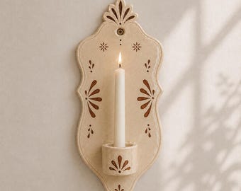 Ceramic Wall Candle Holder, Handmade Mediterranean Wall Sconce, Beige Taper Candle Holder, Farmhouse Boho Wall Decor