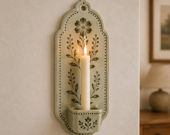 Bougeoir Mural Céramique, Applique Bougie Botanique Verte, Applique Céramique Fait Main, Cadeau Maison, Déco Boho Cottagecore