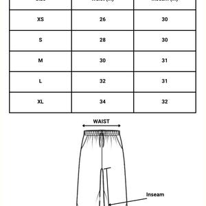 May include: Image of a size chart for straight leg sweatpants. The chart shows waist and inseam measurements in inches for sizes XS to XL. A diagram illustrates waist and inseam measurements on a pair of sweatpants.