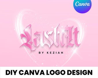 May include: A pink and white logo design for a business called "Lashlit" by Keziah. The logo is in a gothic font and is surrounded by a white glow. The text "DIY Canva Logo Design" is at the bottom of the image.