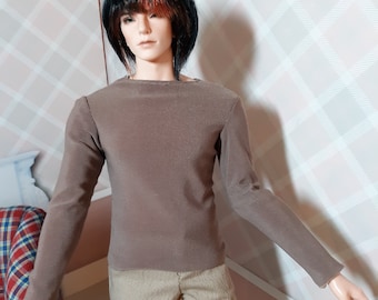 Fits an FID Size Man Doll- Cocoa Color Stretch Knit Long Sleeve Tee -  Fully Lined