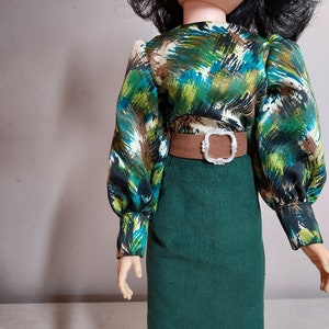 Cissy - Green Brush Stroke Print Blouse, Green Corduroy Skirt, Faux Suede Belt