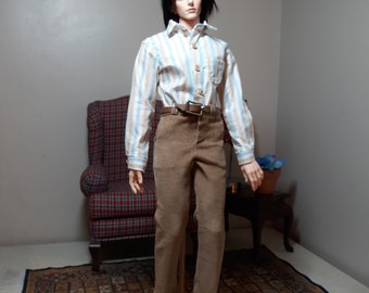 FID Man Doll Outfit - Striped Cotton Shirt, Corduroy Pants, Belt - Casual Look