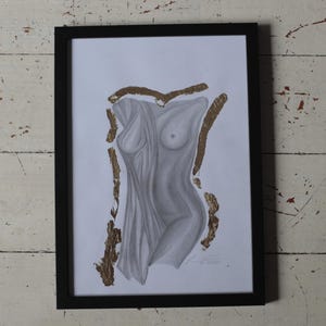 Pencil drawing of female figure with fabric- A4 framed artwork pencil drawing with gold leaf
