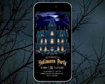 May include: A digital invitation for a Halloween party with a spooky haunted house illustration. The invitation text reads "You're invited to a Halloween Party, October 31, 6 o'clock, 123 Anywhere St., Any City, Summon your best Halloween attire, RSVP if you dare."