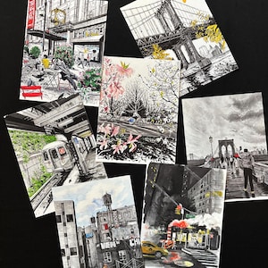 Mini Karten 10x13cm, New York City Zeichnungen, NYC Souvenir, NYC Gemälde, Postkarte