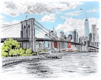Brooklyn Bridge Art Print, New York City Skyline Drawind, Wall Art