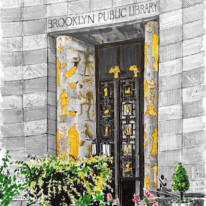 Brooklyn Library Entrance, NYC Architectural Print, Hand-Drawn Illustration, Wall Art