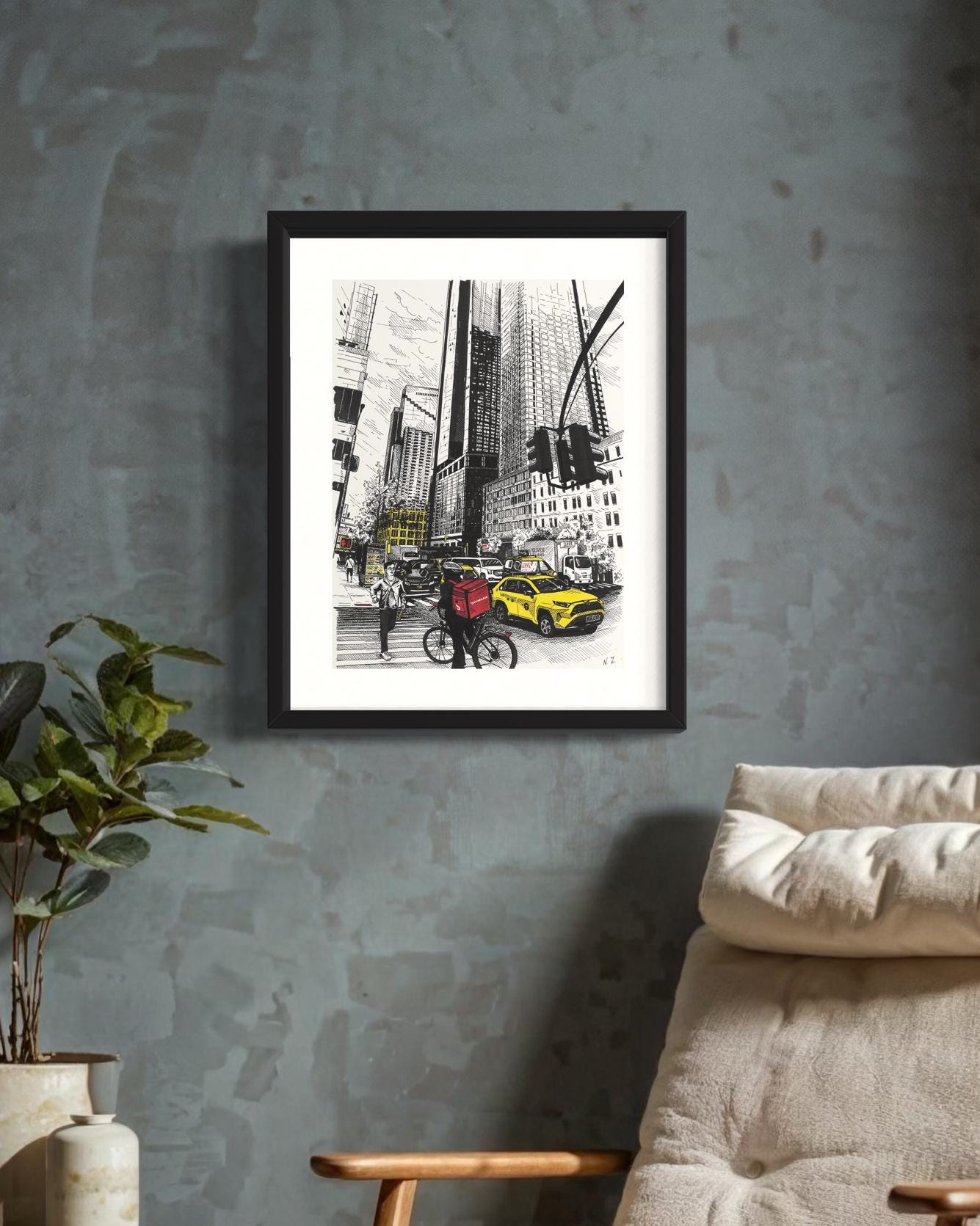 New York City Drawing, Yellow Taxi Painting, Art Sketching Print, Wall ...