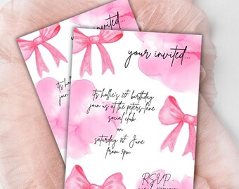 Invitación de cumpleaños con lazo rosa, fiesta de niñas, plantilla editable