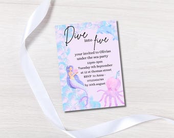 Mermaid 5th Birthday Invitation, Under the Sea Party (Digital Download)
