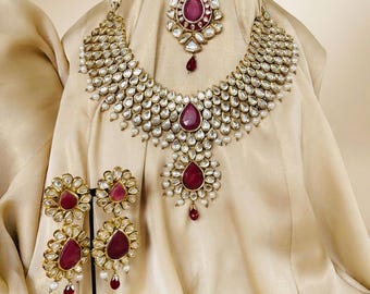 Kundan Bridal Necklace Set with Ruby Red Stones & Pearl Accents | Indian Wedding Jewelry