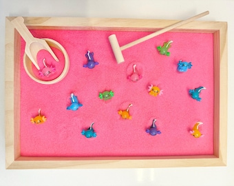 Axolotl Zen Garden, Pink Sand, Wooden Tools, Montessori Play (12" x 8" x 1") Calm Sensory