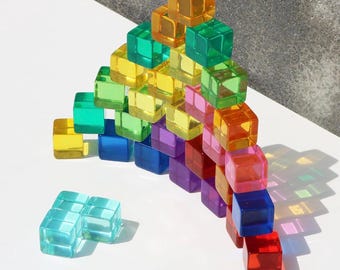 30 Colorful Acrylic Rainbow Sensory Cubes, Montessori Blocks