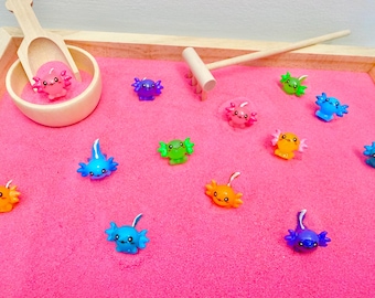 Axolotl Zen Garden, Pink Sand, Wooden Tools, Montessori Play (12" x 8" x 1") Calm Sensory