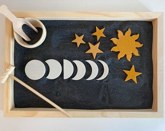 Black Sand Zen Garden with Moon and Stars, Sensory Tray (12x8x1)