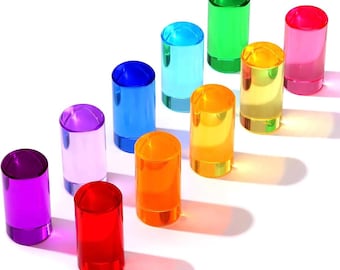 10 Colorful Acrylic Rainbow Sensory cylinders, Montessori Blocks, Stem