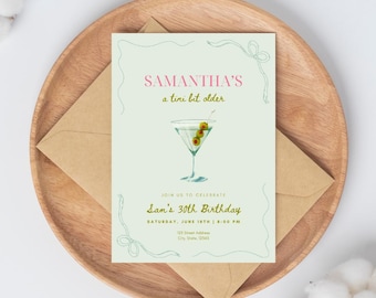 Könnte beinhalten: Eine hellgrüne Einladungskarte mit einer Martini-Glas-Illustration und dem Text "SAMANTHA'S a tini bit older" in Rosa. Der Text "JOIN US TO CELEBRATE Sam's 30th Birthday SATURDAY, JUNE 18TH | 8:00 PM 123 Sheet Address City, State, 12345" ist in Grün.