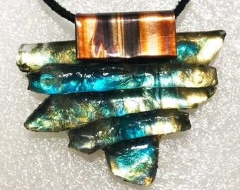 Upcycled Window Glass Blue and Gold  Necklace - IN STOCK