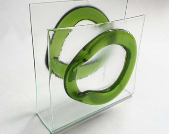 Glass clear and green Napkin or Mail Holder - IN STOCK