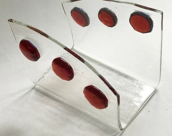 Wing shaped clear and light burgundy glass napkin/mail holder - CUSTOM MADE