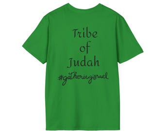 May include: A bright green short-sleeved t-shirt featuring black text printed on the front. The text reads Tribe of Judah in a stylized font, followed by the hashtag #gatheringisrael written in a cursive script below the main lettering.