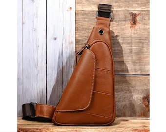 Leather Crossbody Bag Sling Chest Bag Travel bag in Brown and Black