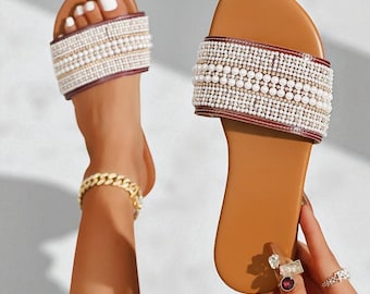 Stylish Rhinestone Slippers for Women | Summer Beaded Sandals | Square Toe Flats | Casual Slip-On Beach Shoes |  Trending Summer Footwear