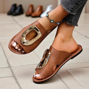 Women’s Brown Slide Sandals – Fashion Slip-On Flats with Gold Hardware, Open Toe Summer Mules, Stylish Casual Shoes, Classy Holiday Musthave
