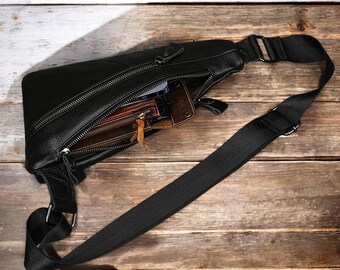 Leather Crossbody Bag Sling Chest Bag Travel Bag in Brown and