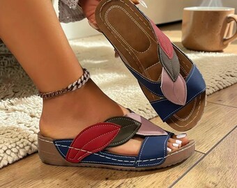 Bohemian Leaf Design Slide Sandals for Women | Chic Summer Slip-Ons | Soft Comfort Flats |Stylish Casual Beach Shoes | Trending Sandals