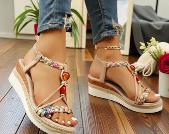 Boho Wedge Sandals for Women – Summer Platform Shoes, Beaded Braided Espadrilles, Casual Beach Sandals, Vacation Style Footwear | Trending