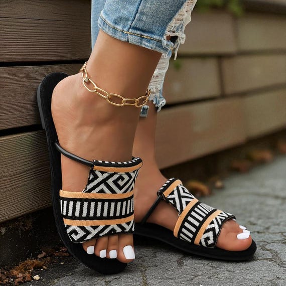 Women’s Summer Slide Sandals – Bohemian Woven Strap Flats, Tribal Print Open Toe Shoes, Casual Beach,  Vacation Footwear, Trending Sandals